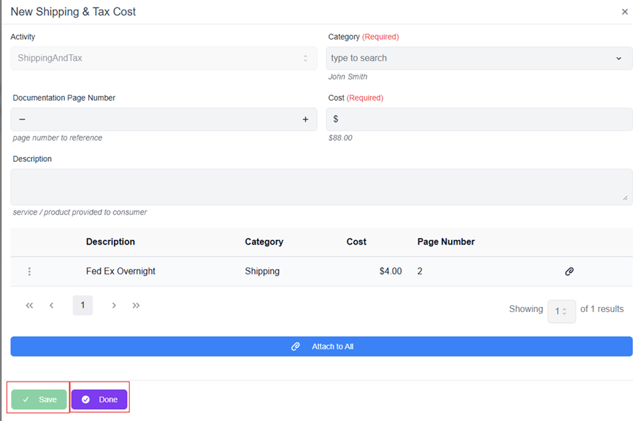 new cost pop-up window with save and done buttons highlighted and required fields 