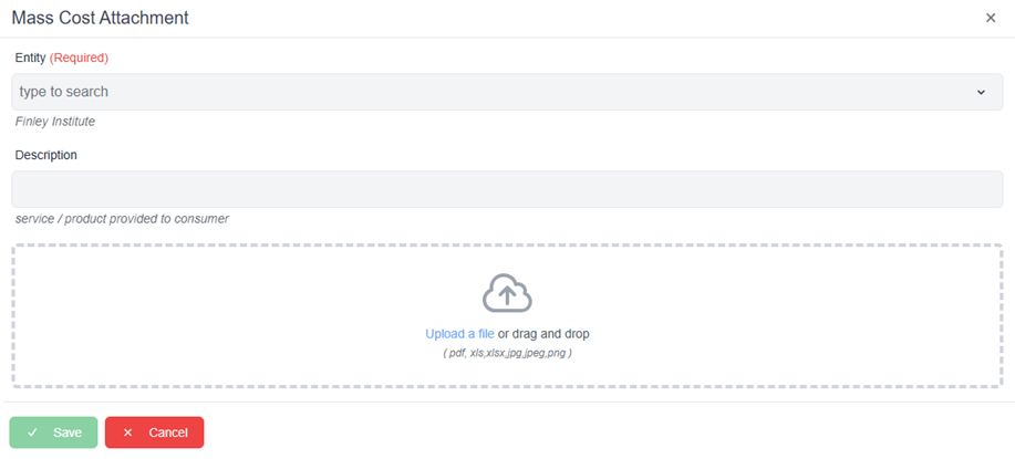 Mass cost attachment pop-up window with required fields and upload a file field and save and cancel button