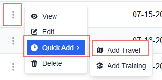 More options menu with the quick add and add travel options highlighted