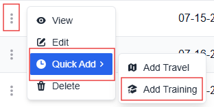 More options menu with the quick add and add training options highlighted