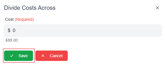 divide costs across pop-up window with cost field save and cancel buttons 