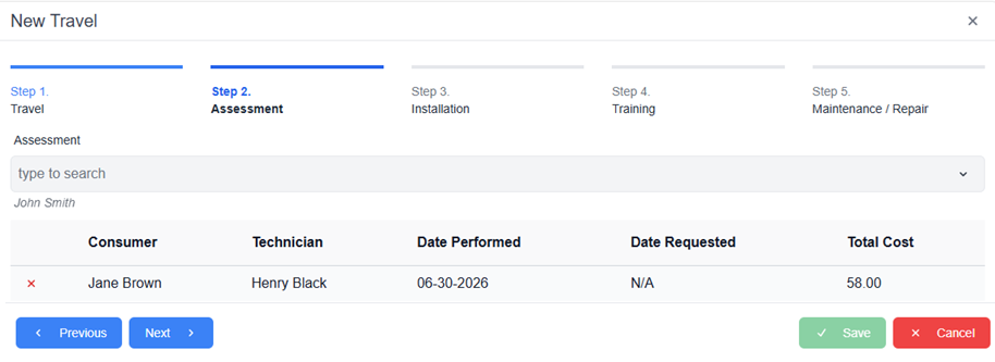 New Travel pop-up window with Assessment tab selected, assessment line item, assessment drop-down menu, previous next and cancel buttons 