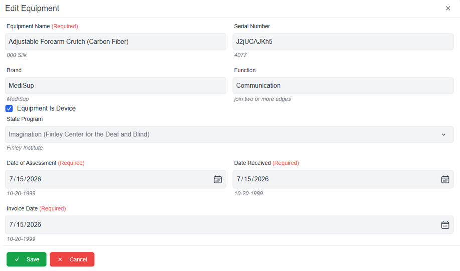 Edit equipment pop-up window with fields filled out and equipment is a device checkbox as well as save and cancel buttons