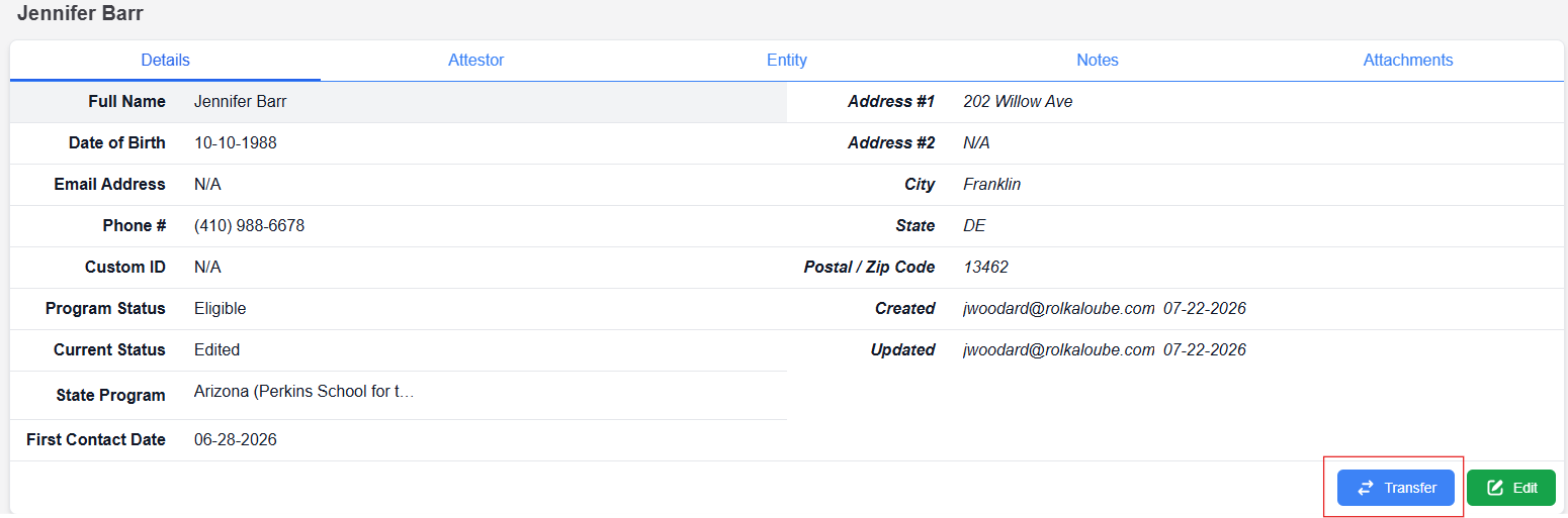 Consumer name details page with transfer button highlighted in lower right hand corner