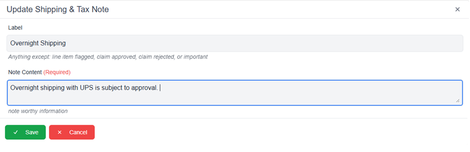 Update note pop-up window with required fields and save and cancel buttons 
