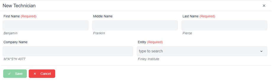 New technician pop-up window with required fields and save and cancel buttons