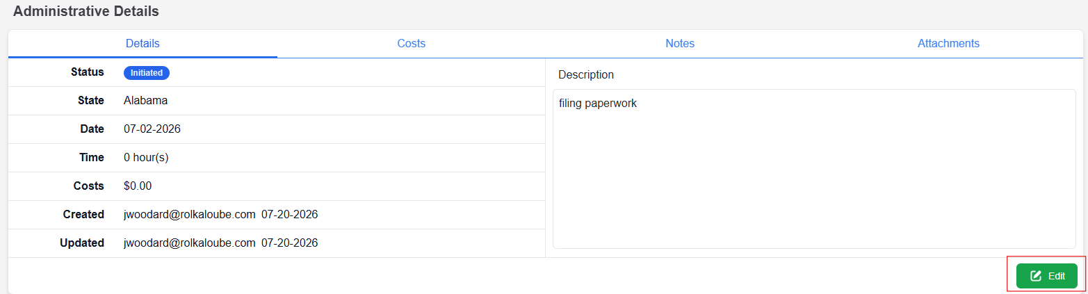 administrative details page with edit button highlighted in lower right corner 