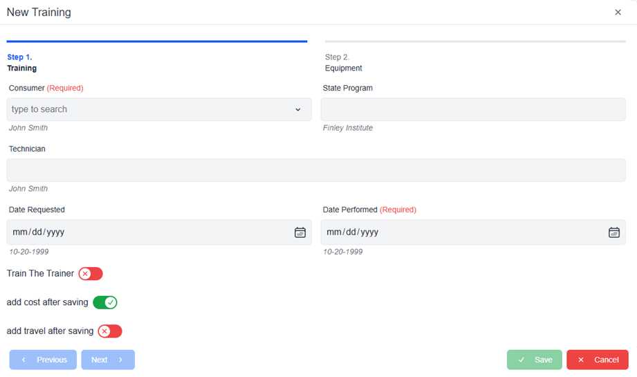 New training pop-up window with required fields train the trainer add cost after saving and add travel after saving toggles and next and cancel buttons