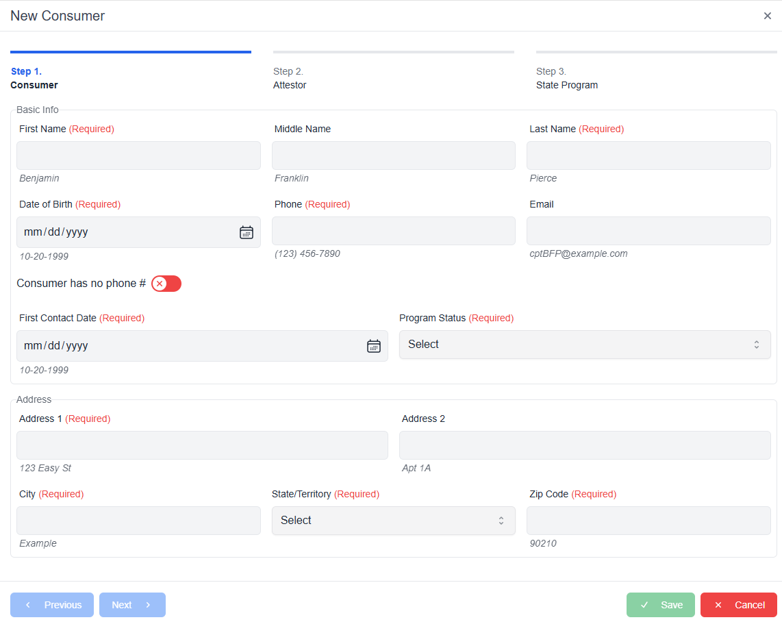New Consumer pop-up window with required fields and Next and cancel buttons 