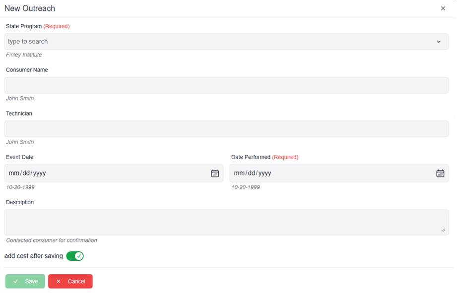new outreach pop-up window with required fields add cost after saving toggle save and cancel buttons 