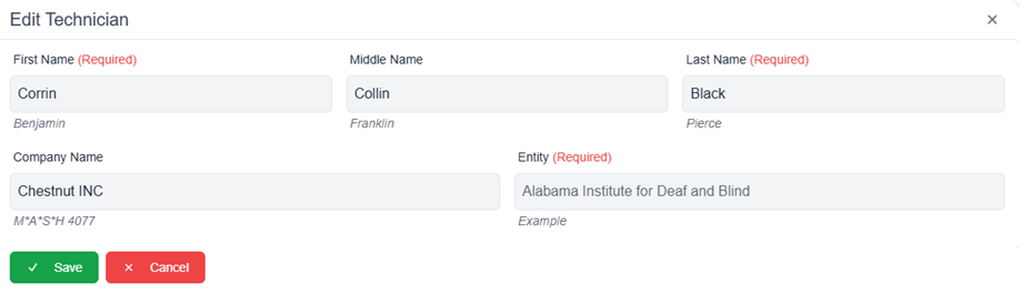 Edit Technician pop-up window with fields filled in and save and cancel buttons 