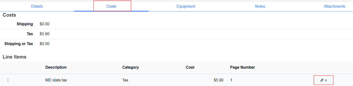 Costs tab highlighted showing line item with paperclip highlighted
