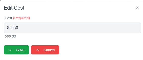 Edit cost pop-up window with cost field and save and cancel buttons 